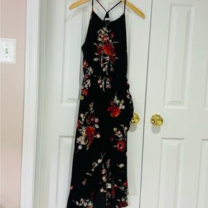 Med Soprano Red Floral Black Dress ruffle Hi Lo hem